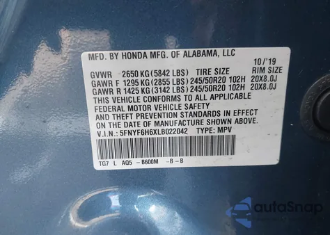 2020 Honda Pilot Awd Touring 7 Passenger z USA, uszkodzony, nr VIN 5FNYF6H6XLB022042